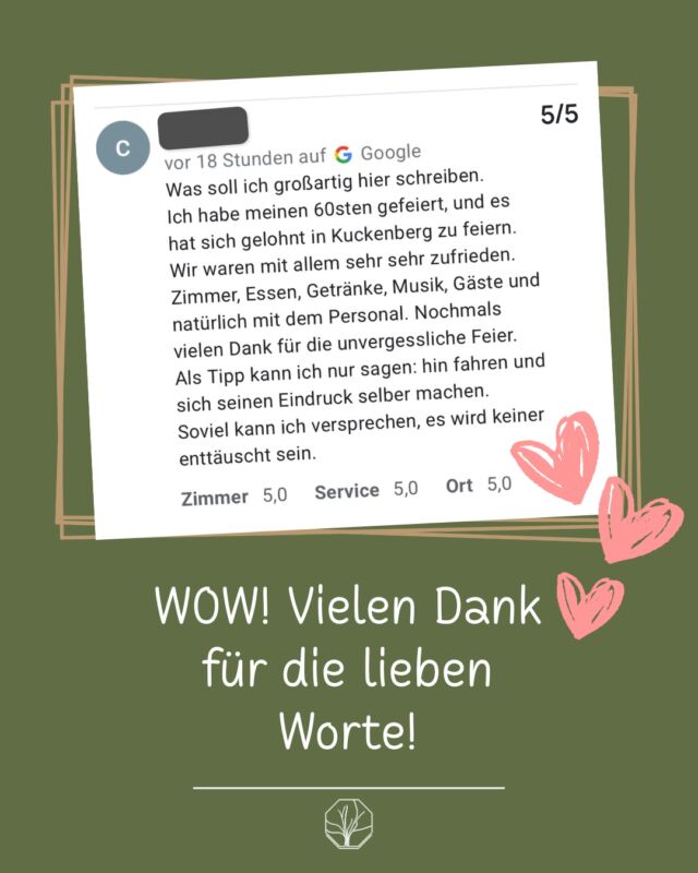 ✨ Solche Worte gehen direkt ins Herz. 🫶

Vielen Dank für diese wundervolle Bewertung – und für eine Feier, die auch uns noch lange in Erinnerung bleiben wird.
Wir lieben es, wenn unsere Gäste nicht nur zu Besuch sind, sondern Momente erleben, die bleiben. 🤍

Ein herzliches Dankeschön an alle, die sich die Zeit nehmen, ihre Erlebnisse mit uns zu teilen.
Ihr helft anderen Paaren und Gastgebern, ihren perfekten Ort zu finden – vielleicht ja genau hier bei uns im Haus Kuckenberg. ✨

📩 Lust, selbst vorbeizuschauen?
Schreibt uns einfach – wir freuen uns auf euch!

#HausKuckenberg #EventlocationNRW #EventlocationBurscheid #FeiernImBergischen #GeburtstagFeiernNRW #BergischesFeiern #BergischesLand #Burscheid #BergischGladbach #Wermelskirchen #Remscheid #KuckenbergMomente