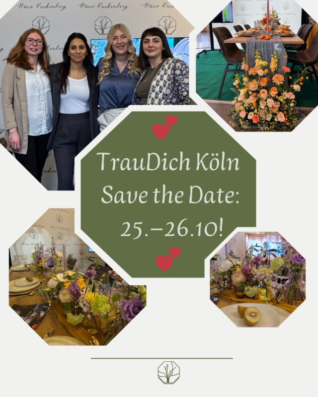 💍✨ Fast genau in einem Monat – am 25. und 26. Oktober 2025 – sind wir auf der Messe @traudich_koeln! 💍✨
Kommt vorbei, lernt uns kennen, lasst euch inspirieren für eure Traumhochzeit – und wir haben sogar eine kleine Überraschung für euch! 🎁💕
Wir freuen uns riesig auf euch, sagt Hallo und entdeckt, wie wir eure Hochzeit unvergesslich machen. 🎉 
#HausKuckenberg #TrauDichKoeln #Hochzeit2026 #EventlocationNRW #Burscheid #HeiratenNRW #Hochzeitsmesse #hochzeitimbergischen  #eventlocationburscheid  #burscheidfeiert #eventlocationnrw #eventlocationburscheid #hochzeitslocationnrw