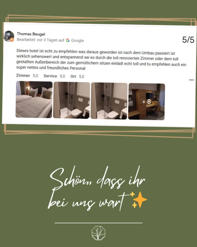 Diesmal gibt’s eine richtig schöne Hotelbewertung ✨ für die tolle Bewertung ✨ Wir freuen uns immer riesig, wenn ihr so gerne zu uns kommt!

#HausKuckenberg #EventlocationBurscheid #EventlocationNRW #hotelnrw #BergischesLand #DasBergische #HeimatliebeBergisch #RheinischBergischerKreis #MeinBurscheid #FeiernImBergischen #BergischesHerz #EventplanungNRW #FirmenfeierNRW #GeburtstagsfeierNRW #JubiläumImBergischen #TeamEventNRW