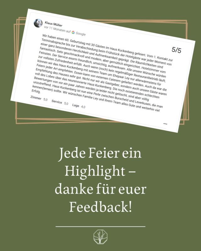 ✨ Vielen Dank für diese tolle Bewertung! 💛
Solche lieben Worte freuen uns immer riesig! Es ist schön zu wissen, dass unser Haus Kuckenberg nicht nur ein Ort mit Geschichte ist, sondern auch besondere Momente für unsere Gäste möglich macht – von kleinen Treffen bis zu großen Festen.

Habt auch ihr schon unvergessliche Stunden bei uns verbracht? Erzählt uns davon oder plant eure nächste Feier – wir freuen uns darauf, sie mit euch unvergesslich zu machen! 🍻

#hauskuckenberg  #eventlocationburscheid  #feierninburscheid  #burscheidfeiert  #eventlocationnrw  #bergischeslandevent  #weihnachtsfeierlocation  #wintereventlocation  #firmenfeiermitstil  #feiermitatmosphäre  #gemütlichfeiern  #festeinbesonderemrahmen